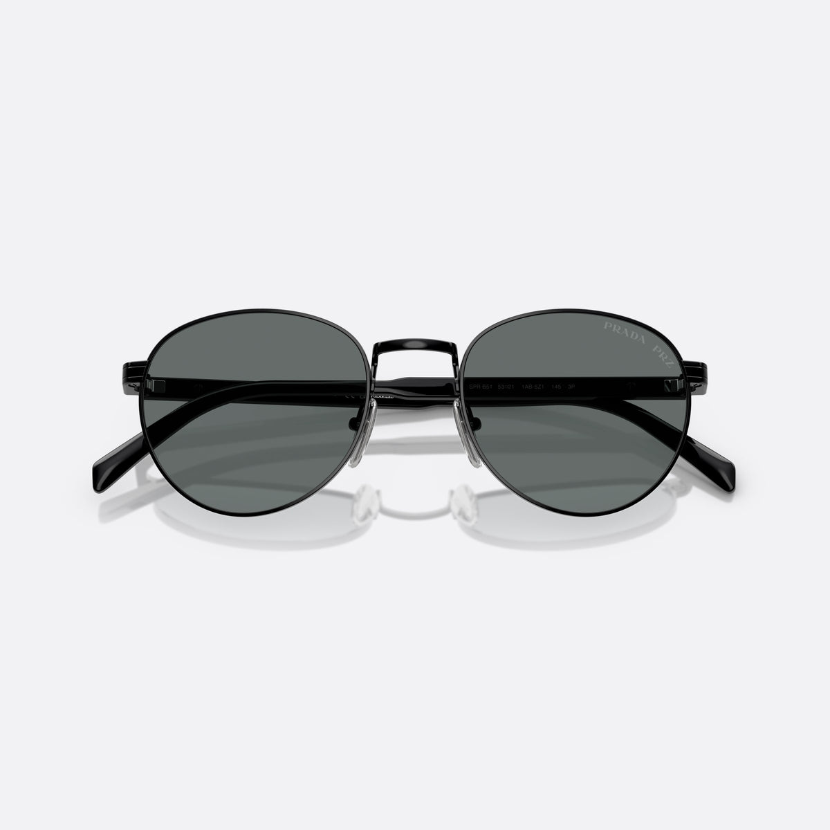 Prada PR B51S 1AB5Z1 BLBL sunglasses, black oval frame for men, plain metal bridge, brand lettering on temples, folded