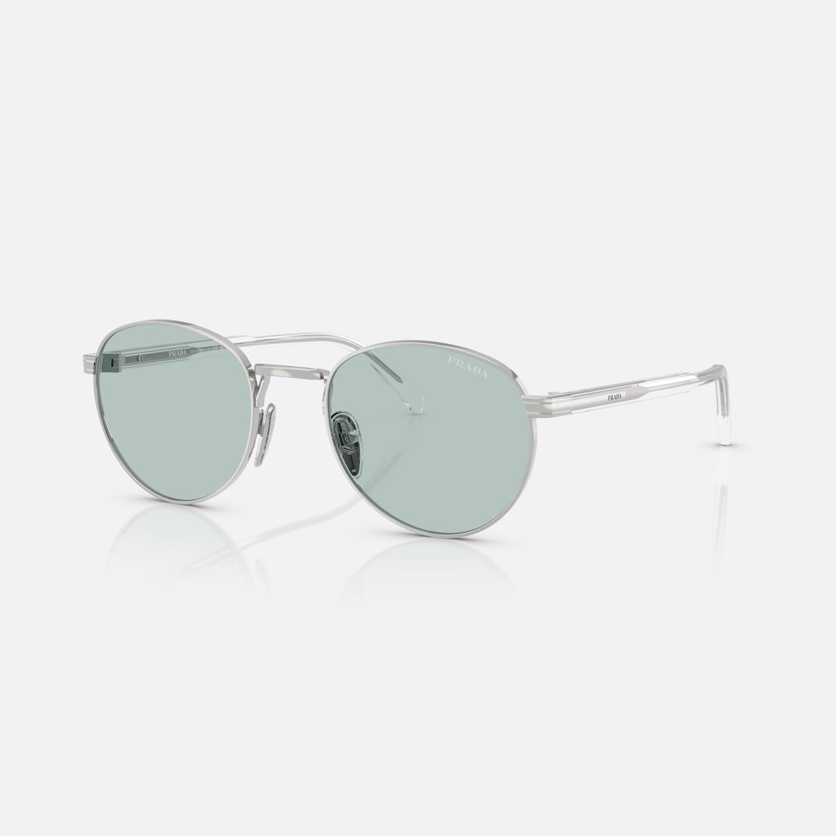 Prada PR B51S 1BC40N SIBL sunglasses, silver oval frame for men, plain metal bridge, brand lettering on the temples