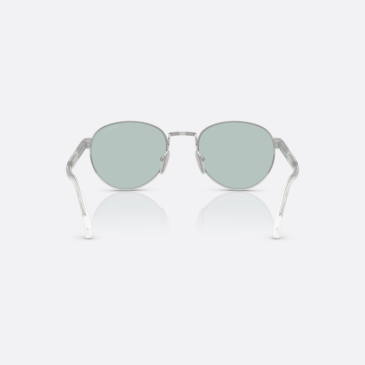 Prada PR B51S 1BC40N SIBL sunglasses, silver oval frame for men, plain metal bridge, brand lettering on the temples, back view