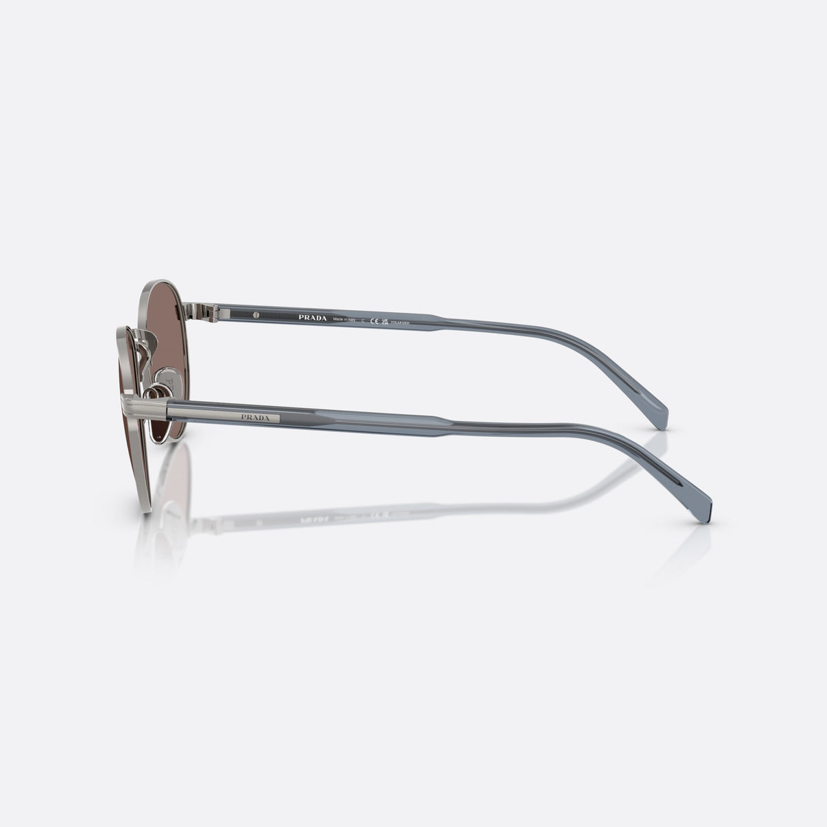 Prada PR B51S 5AV05C PBRD sunglasses, black oval frame for men, plain metal bridge, brand lettering on temples, side view