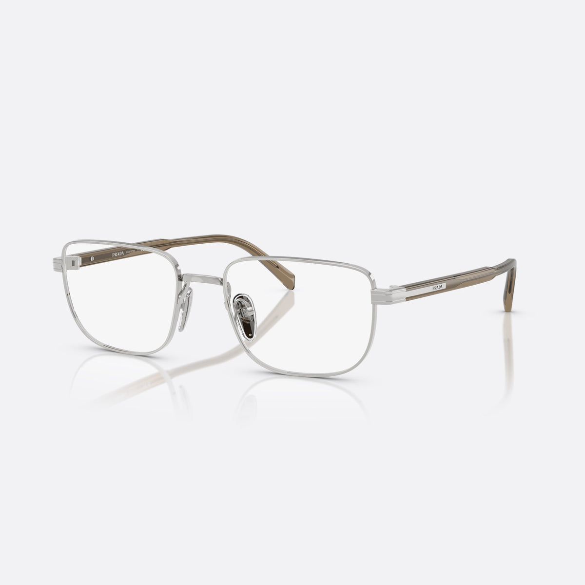 Prada PR B51V 11U1O1 eyeglasses, silver geometric frame for men, plain metal bridge, brand lettering on the temples