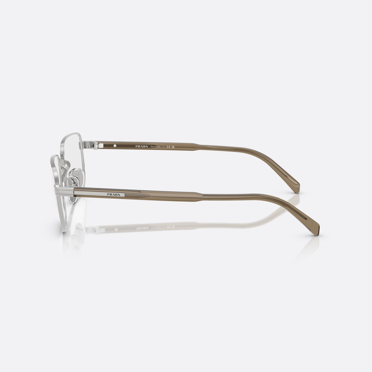 Prada PR B51V 11U1O1 eyeglasses, silver geometric frame for men, plain metal bridge, brand lettering on the temples, side view
