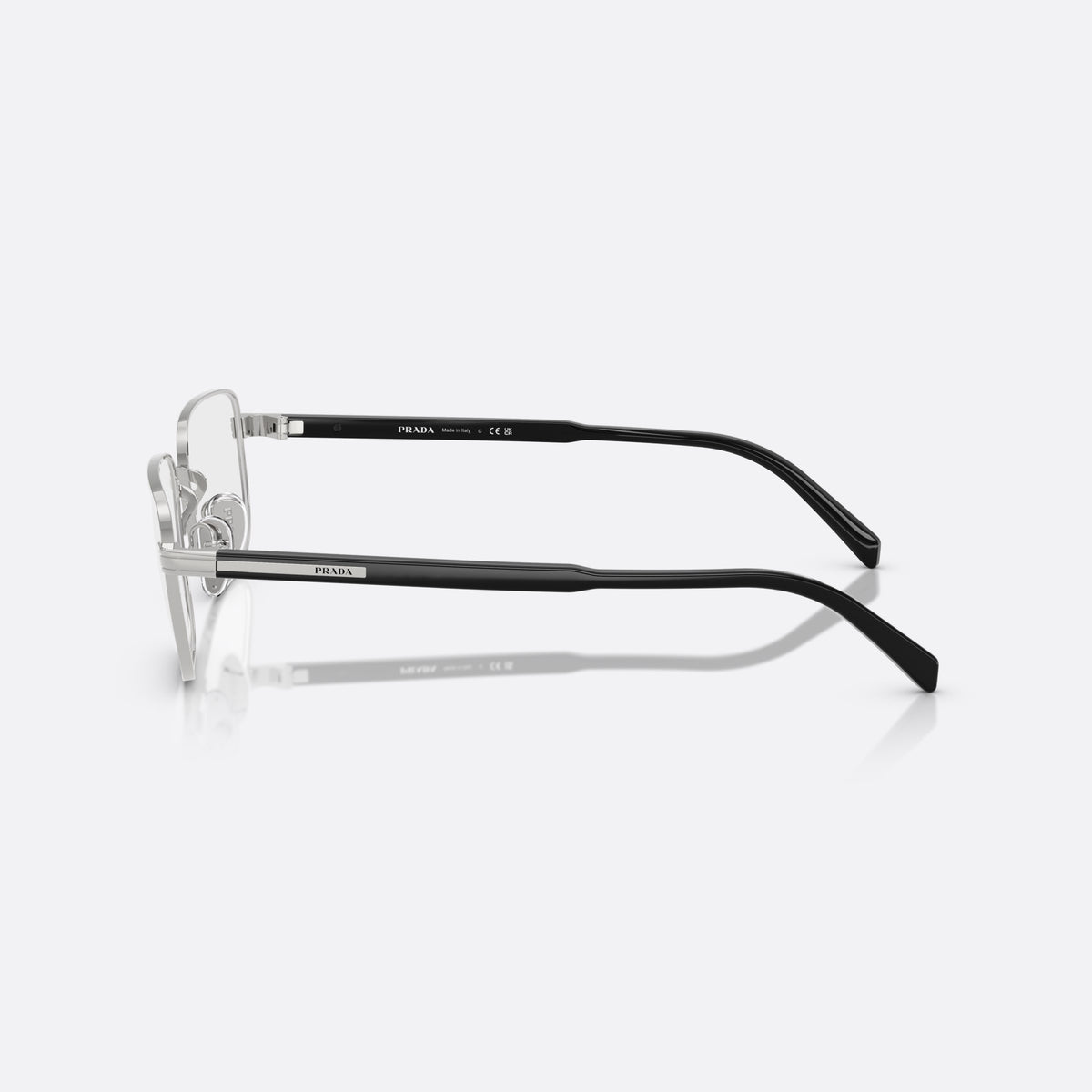 Rame ochelari de vedere Prada PR B51V 1BC1O1, geometrica argintiu, pentru bărbați, punte metalică simplă, literele brandului pe brațe, vedere laterală