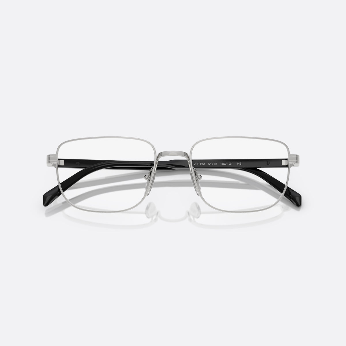 Rame ochelari de vedere Prada PR B51V 1BC1O1, geometrica argintiu, pentru bărbați, punte metalică simplă, literele brandului pe brațe, cu brațele pliate