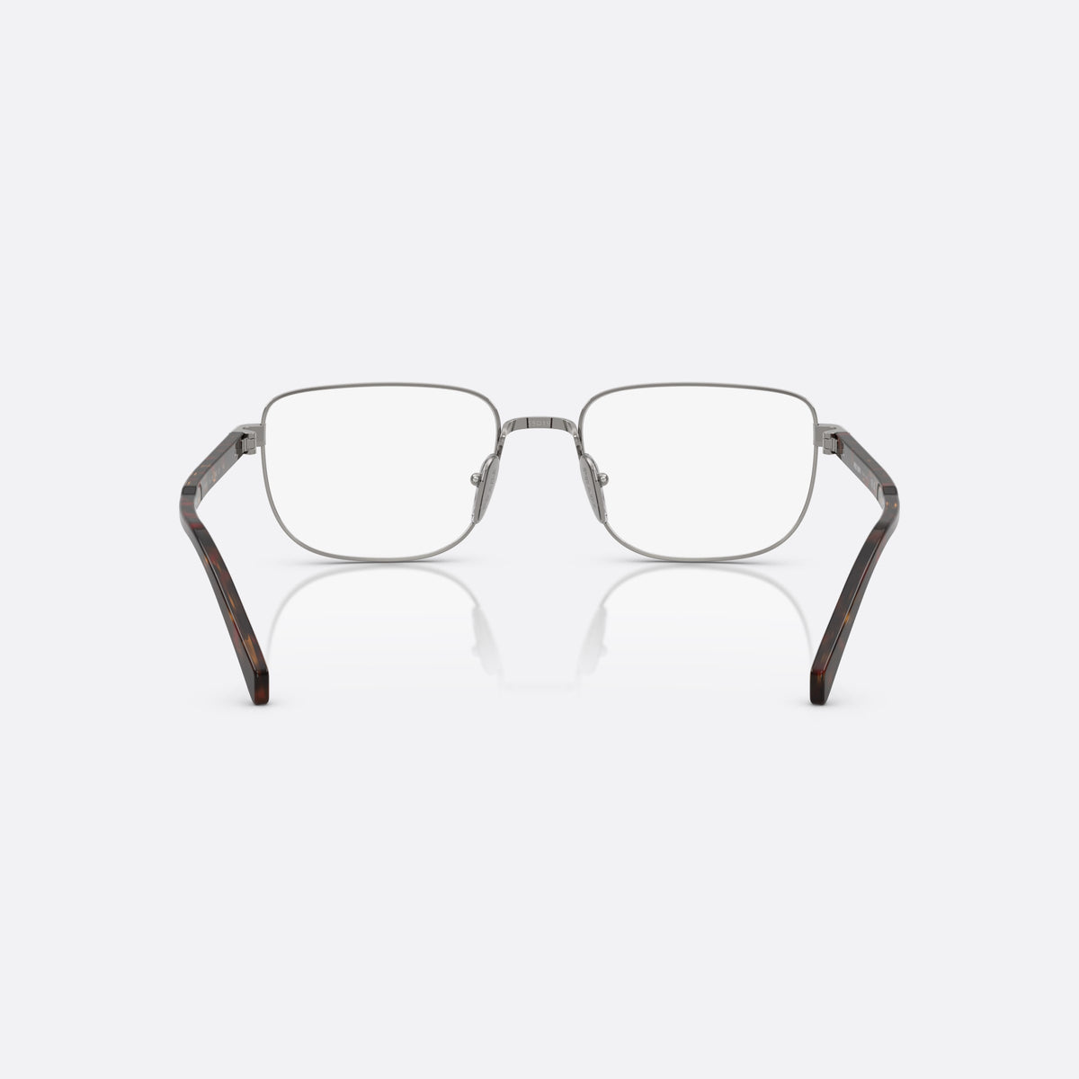 Prada PR B51V 20C1O1 eyeglasses, silver geometric frame for men, plain metal bridge, brand lettering on temples, back view
