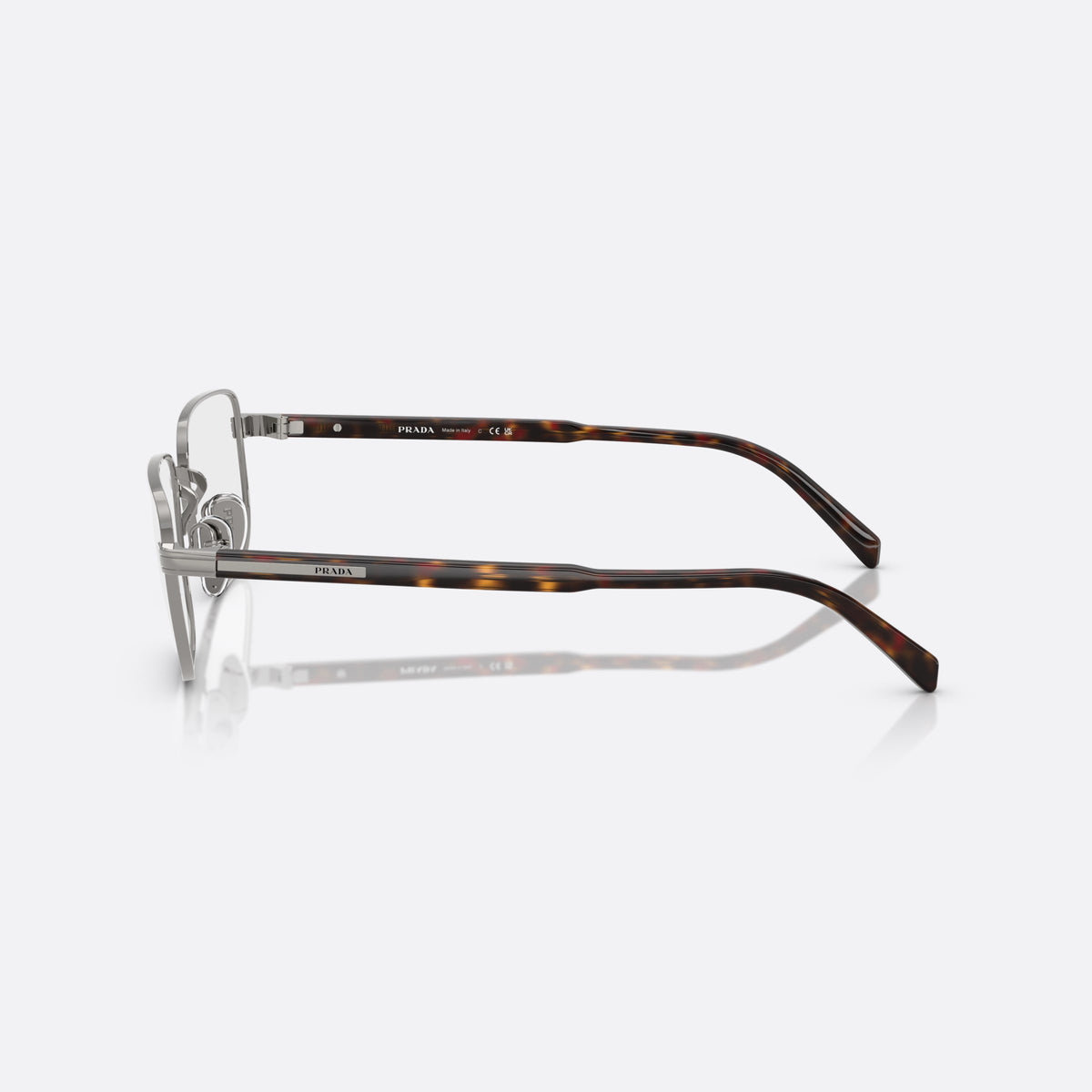 Prada PR B51V 20C1O1 eyeglasses, silver geometric frame for men, plain metal bridge, brand lettering on the temples, side view