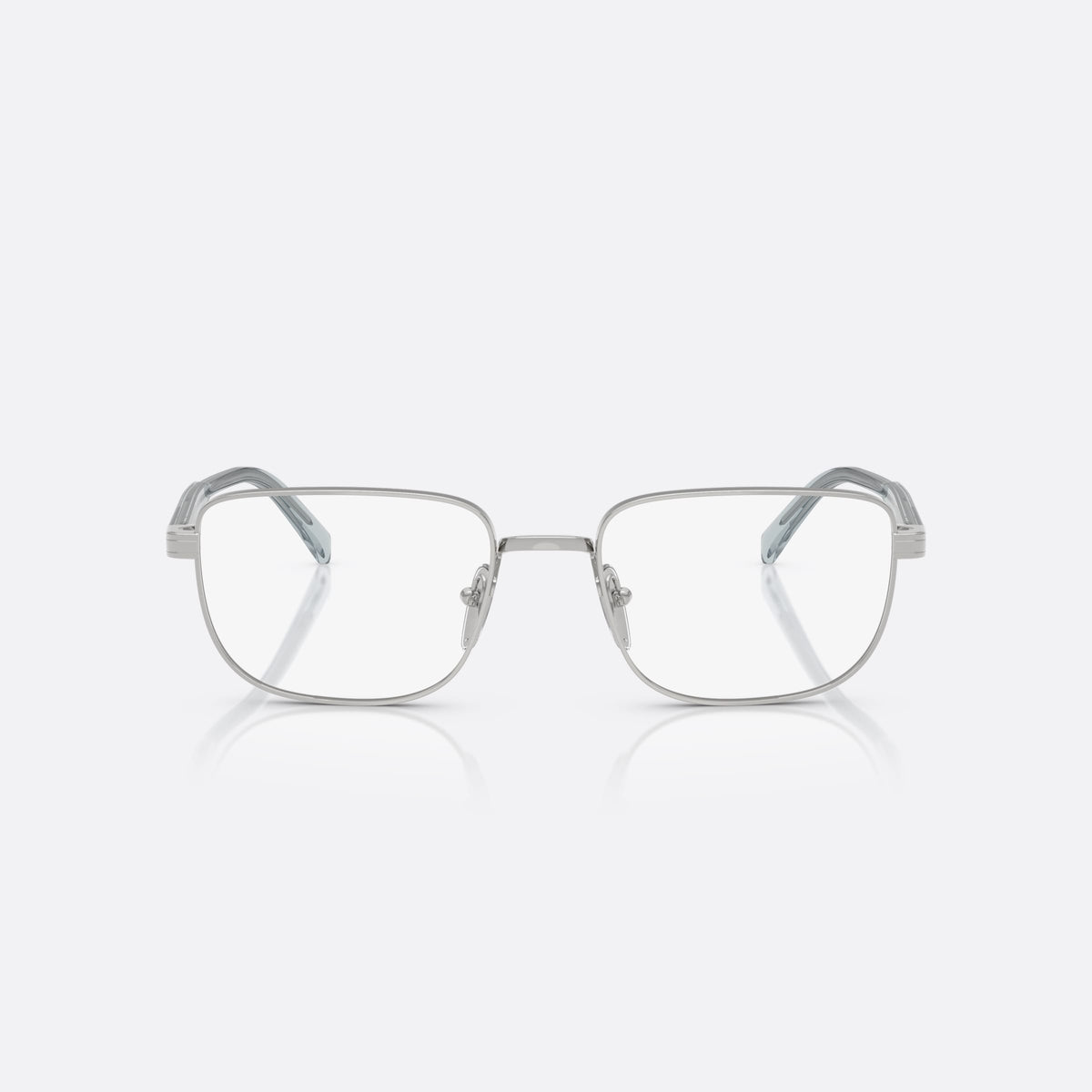 Prada PR B51V 29B1O1 eyeglasses, silver geometric frame for men, plain metal bridge, brand lettering on temples, front view