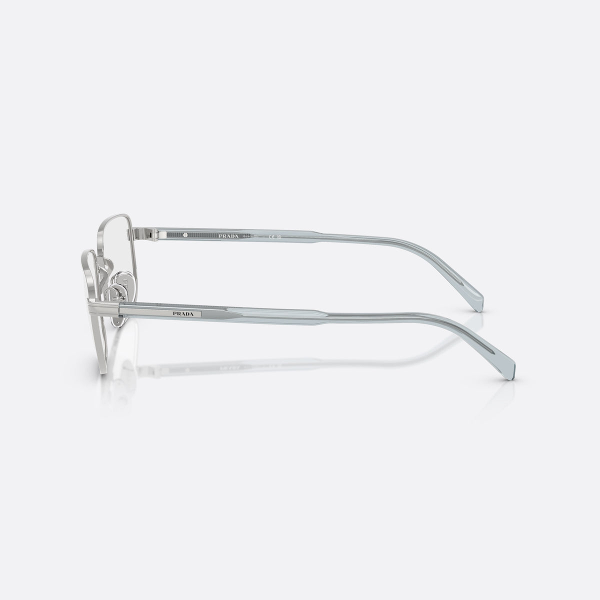 Prada PR B51V 29B1O1 eyeglasses, silver geometric frame for men, plain metal bridge, brand lettering on temples, side view