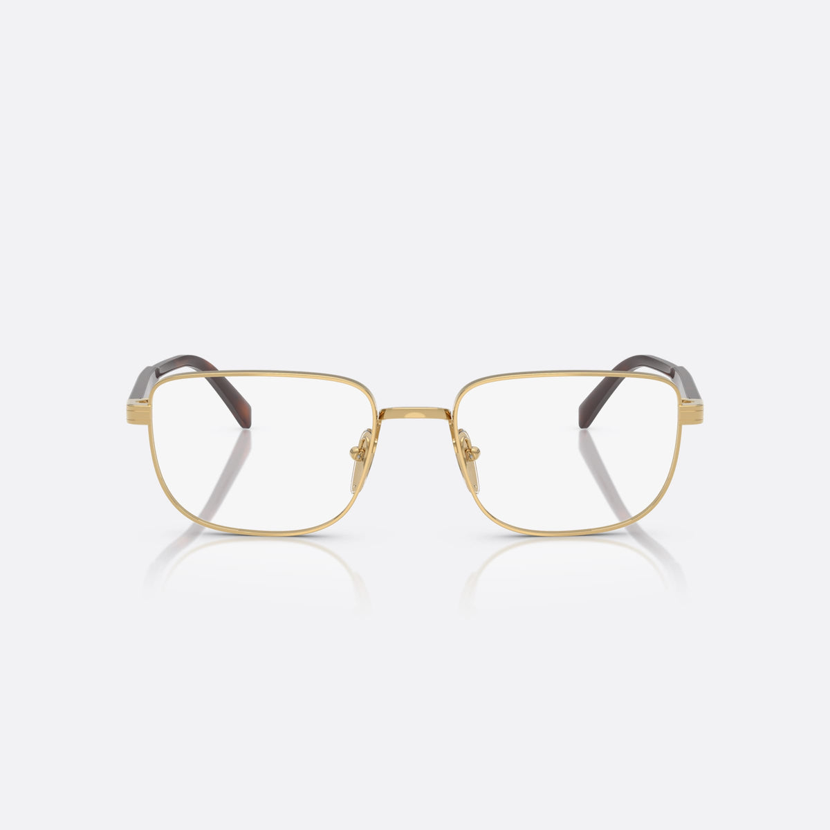 Prada PR B51V 5AK1O1 eyeglasses, gold geometric frame for men, plain metal bridge, brand lettering on temples, front view