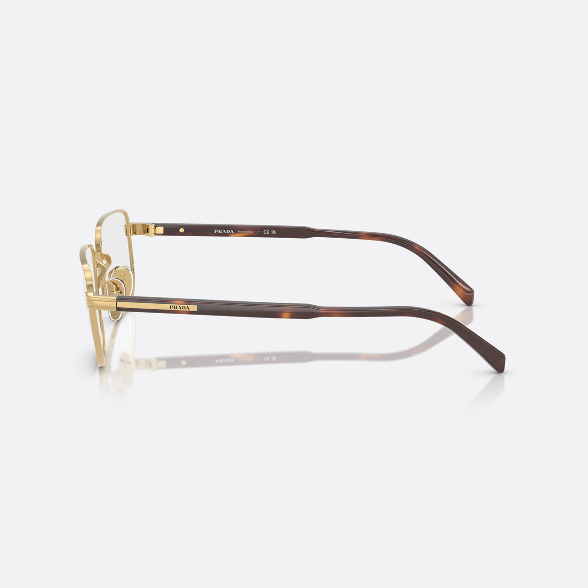 Prada PR B51V 5AK1O1 eyeglasses, gold geometric frame for men, plain metal bridge, brand lettering on temples, side view