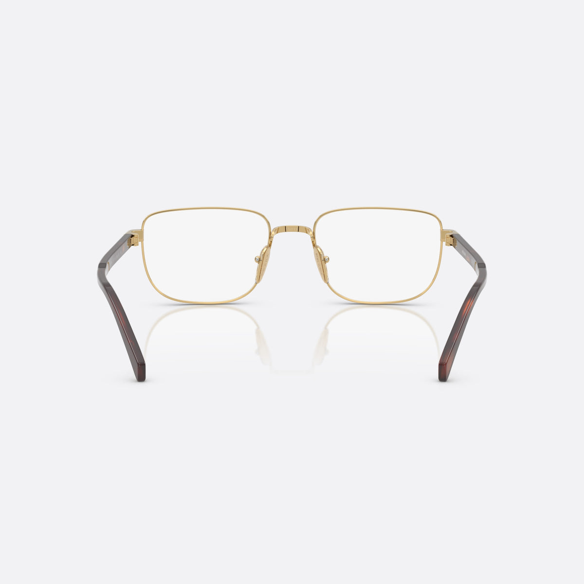 Prada PR B51V 5AK1O1 eyeglasses, gold geometric frame for men, plain metal bridge, brand lettering on temples, back view