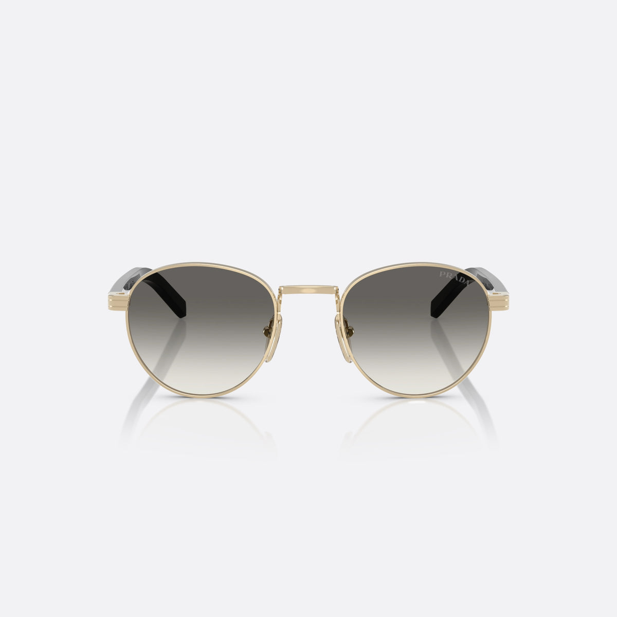 Prada PR B52S ZVN02C GLGR sunglasses, gold oval frame for women, plain metal bridge, brand lettering on temples, front view