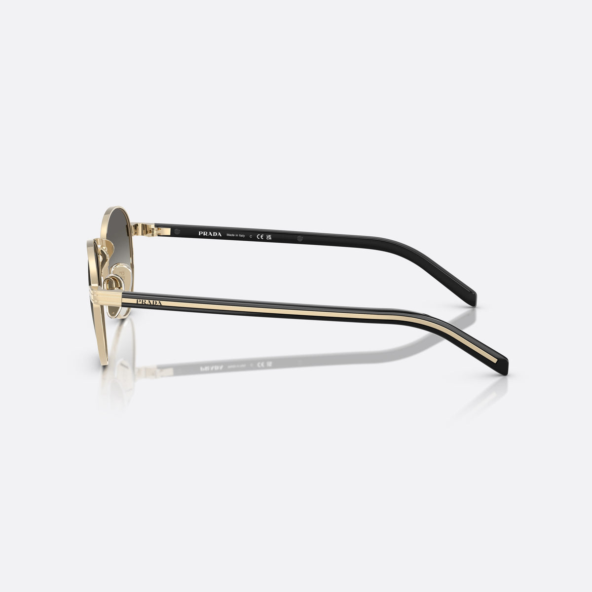 Prada PR B52S ZVN02C GLGR sunglasses, gold oval frame for women, plain metal bridge, brand lettering on temples, side view