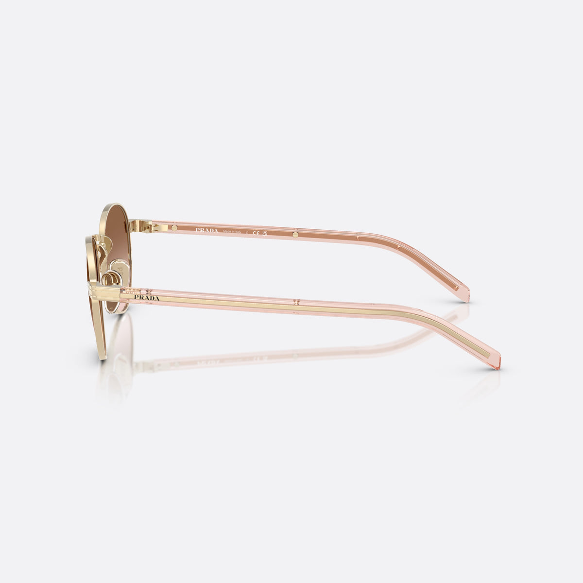 Prada PR B52S ZVN0A6 GLBW sunglasses, gold oval frame for women, plain metal bridge, brand lettering on temples, side view