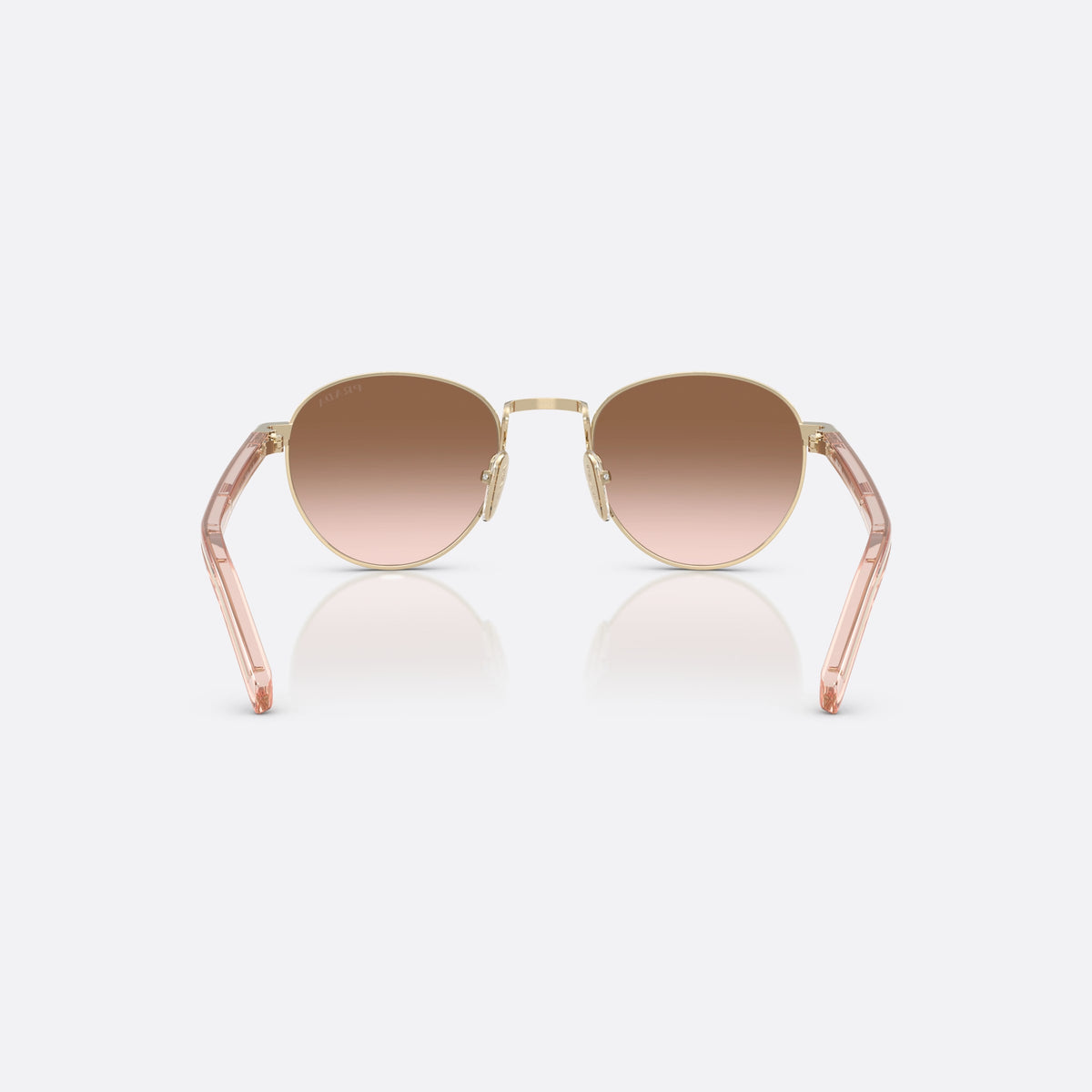 Prada PR B52S ZVN0A6 GLBW sunglasses, gold oval frame for women, plain metal bridge, brand lettering on temples, back view
