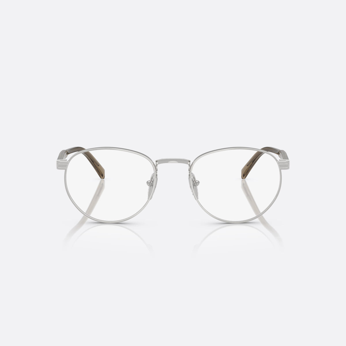 Prada PR B52V 11U1O1 eyeglasses, silver visor frame for men, plain metal bridge, brand lettering on temples, front view