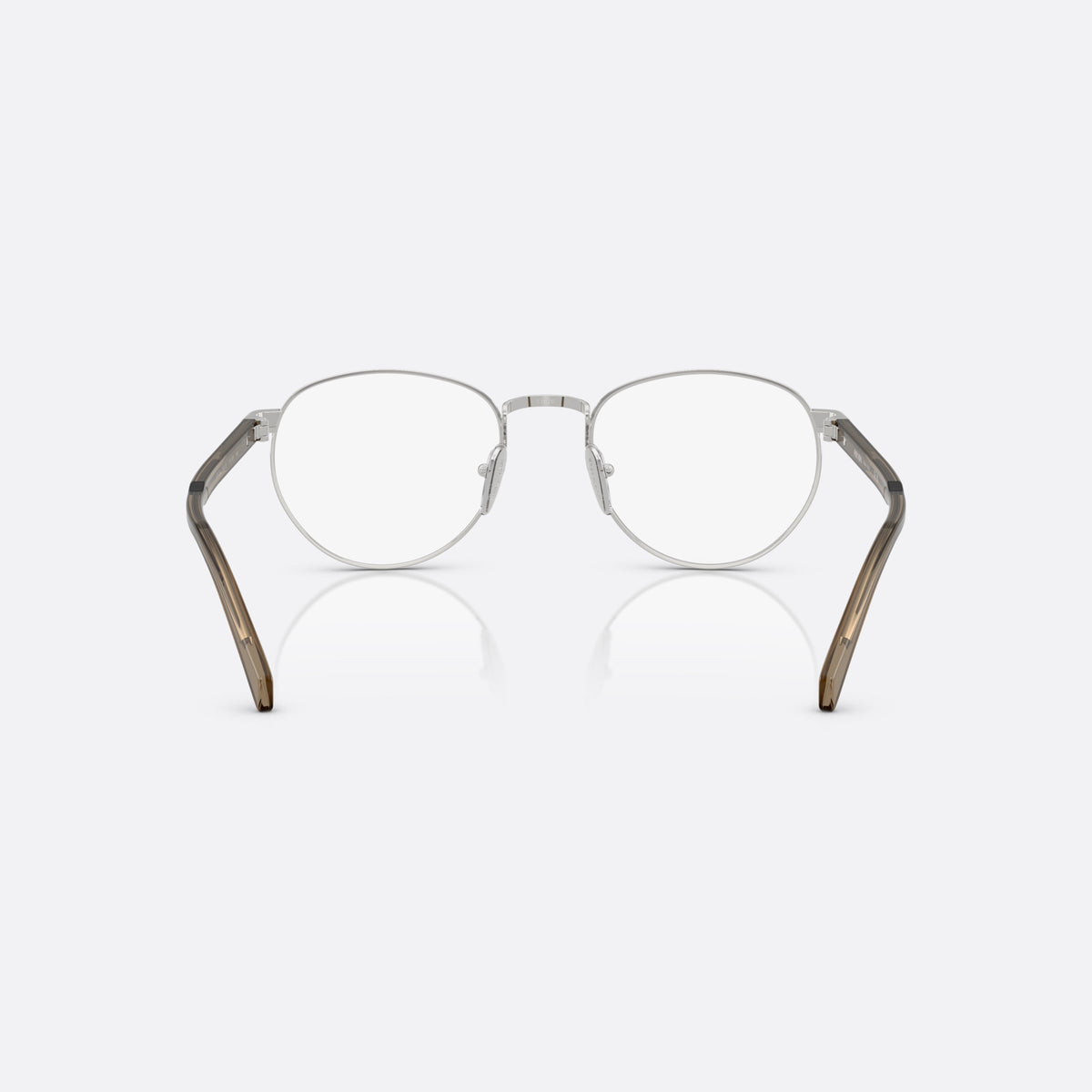 Prada PR B52V 11U1O1 eyeglasses, silver visor frame for men, plain metal bridge, brand lettering on temples, back view