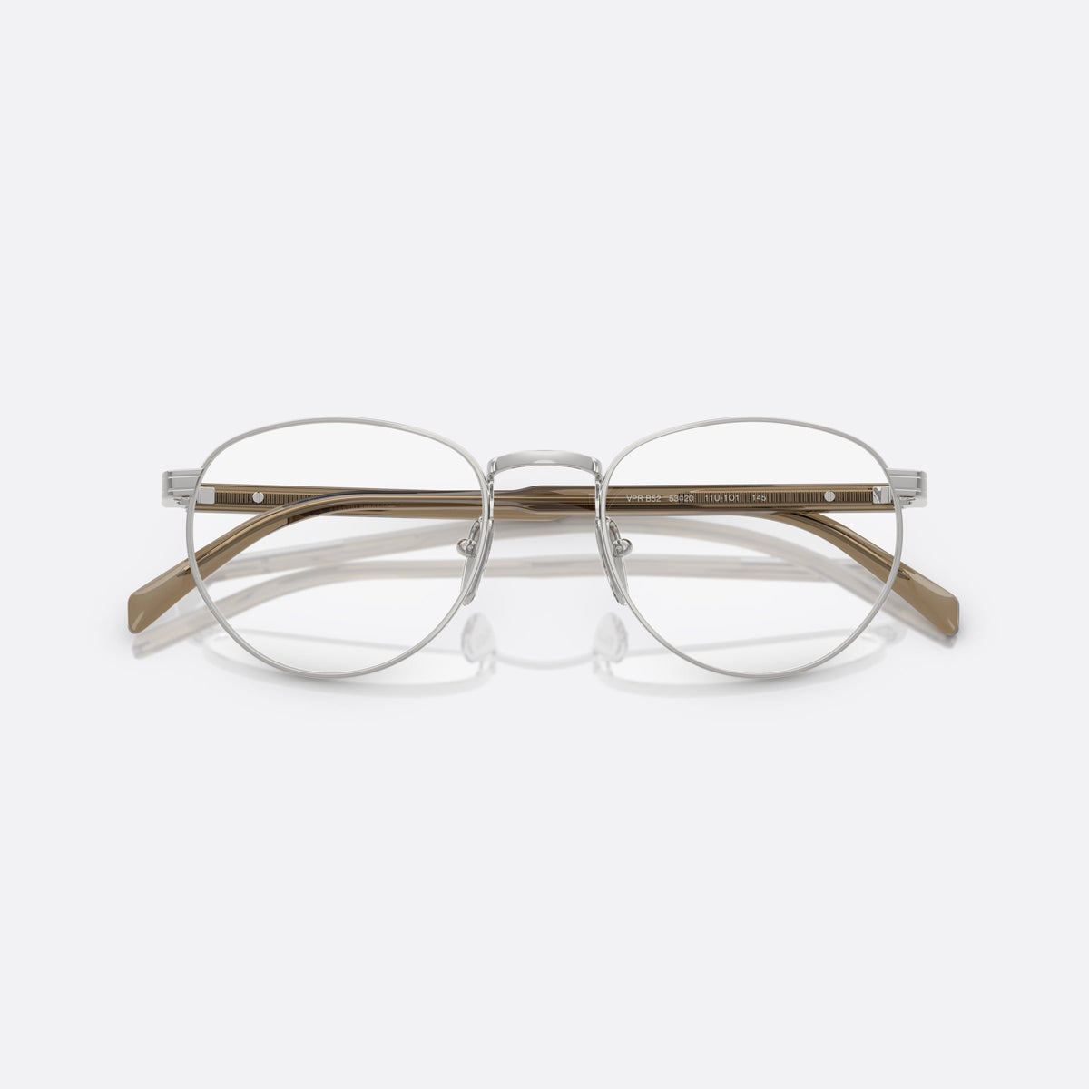 Prada PR B52V 11U1O1 eyeglasses, silver visor frame for men, plain metal bridge, brand lettering on temples, folded