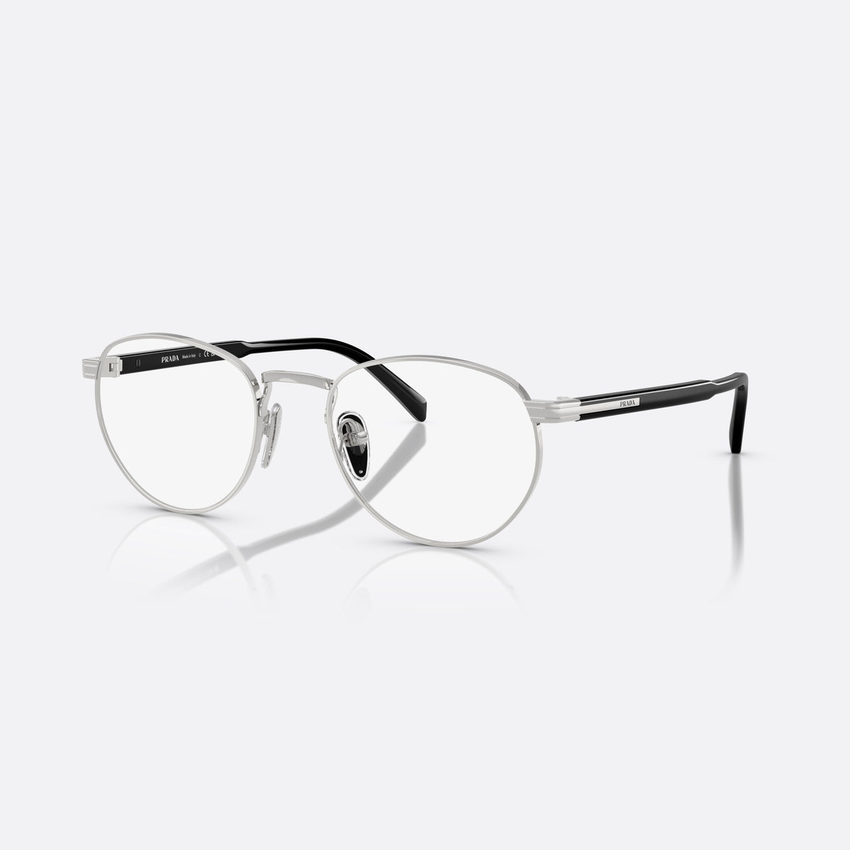 Prada PR B52V 1BC1O1 eyeglasses, silver visor frame for men, plain metal bridge, brand lettering on temples