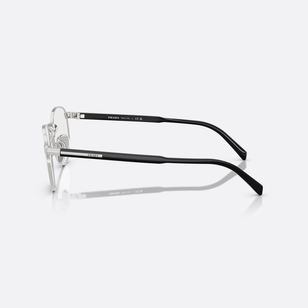 Prada PR B52V 1BC1O1 eyeglasses, silver visor frame for men, plain metal bridge, brand lettering on temples, side view