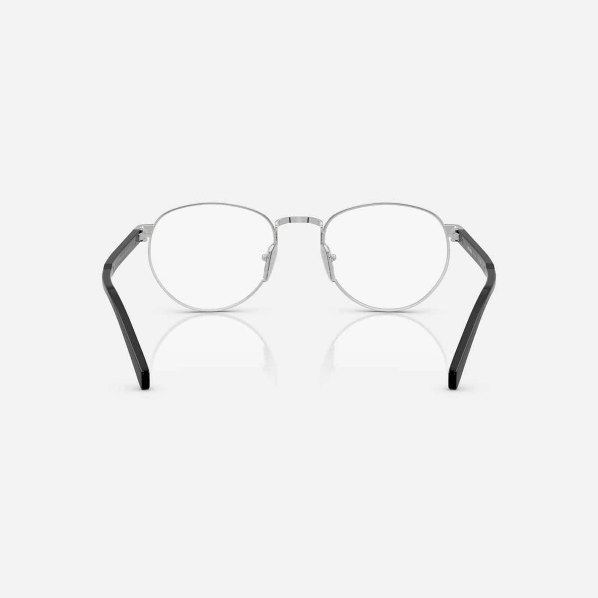 Prada PR B52V 1BC1O1 eyeglasses, silver visor frame for men, plain metal bridge, brand lettering on temples, back view