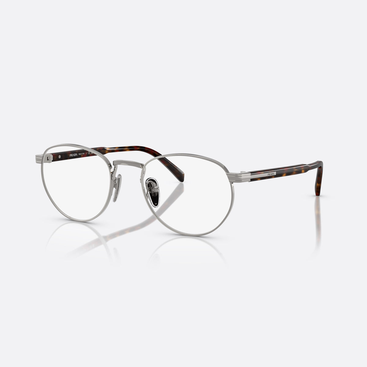 Prada PR B52V 20C1O1 eyeglasses, silver visor frame for men, plain metal bridge, brand lettering on the temples