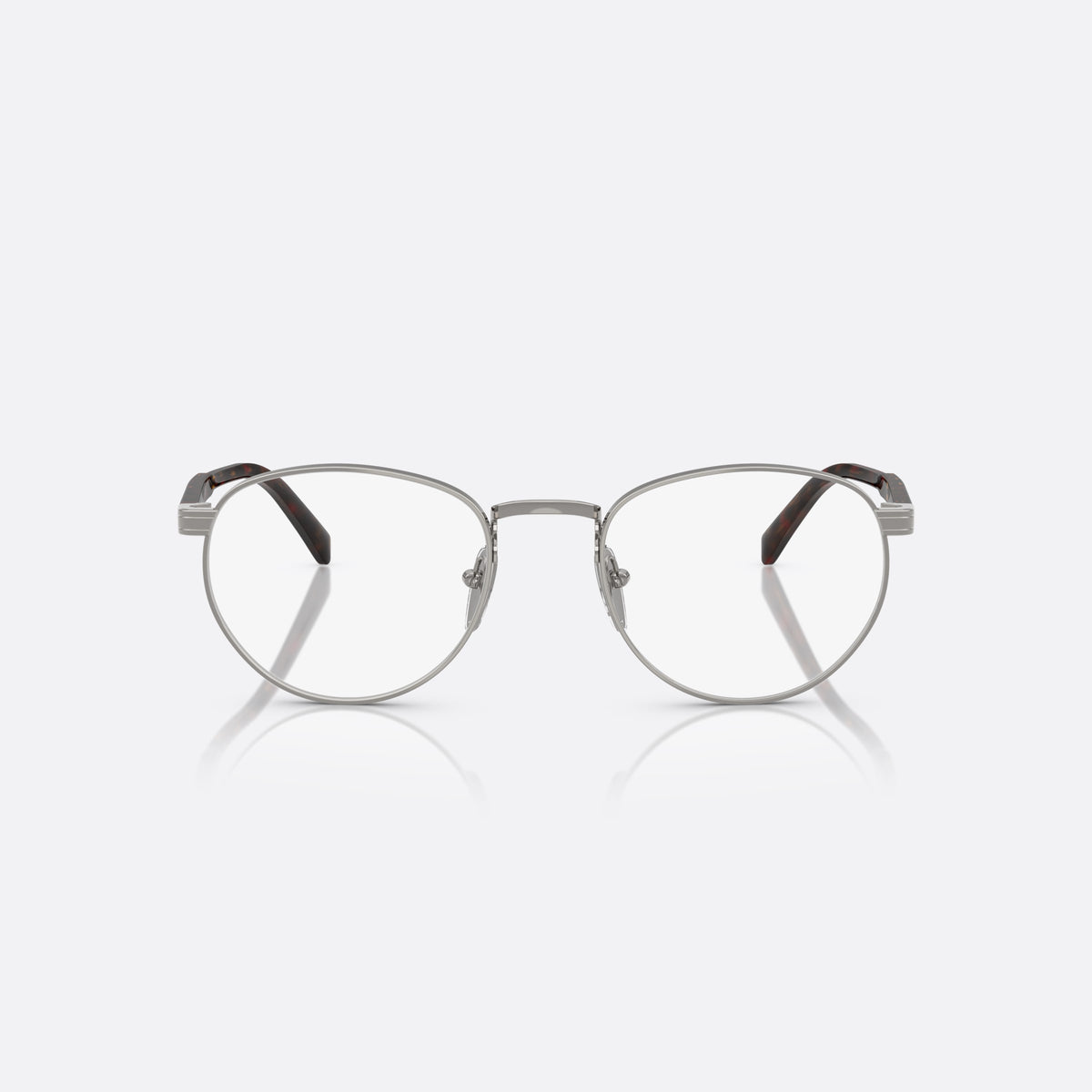 Prada PR B52V 20C1O1 eyeglasses, silver visor frame for men, plain metal bridge, brand lettering on the temples, front view