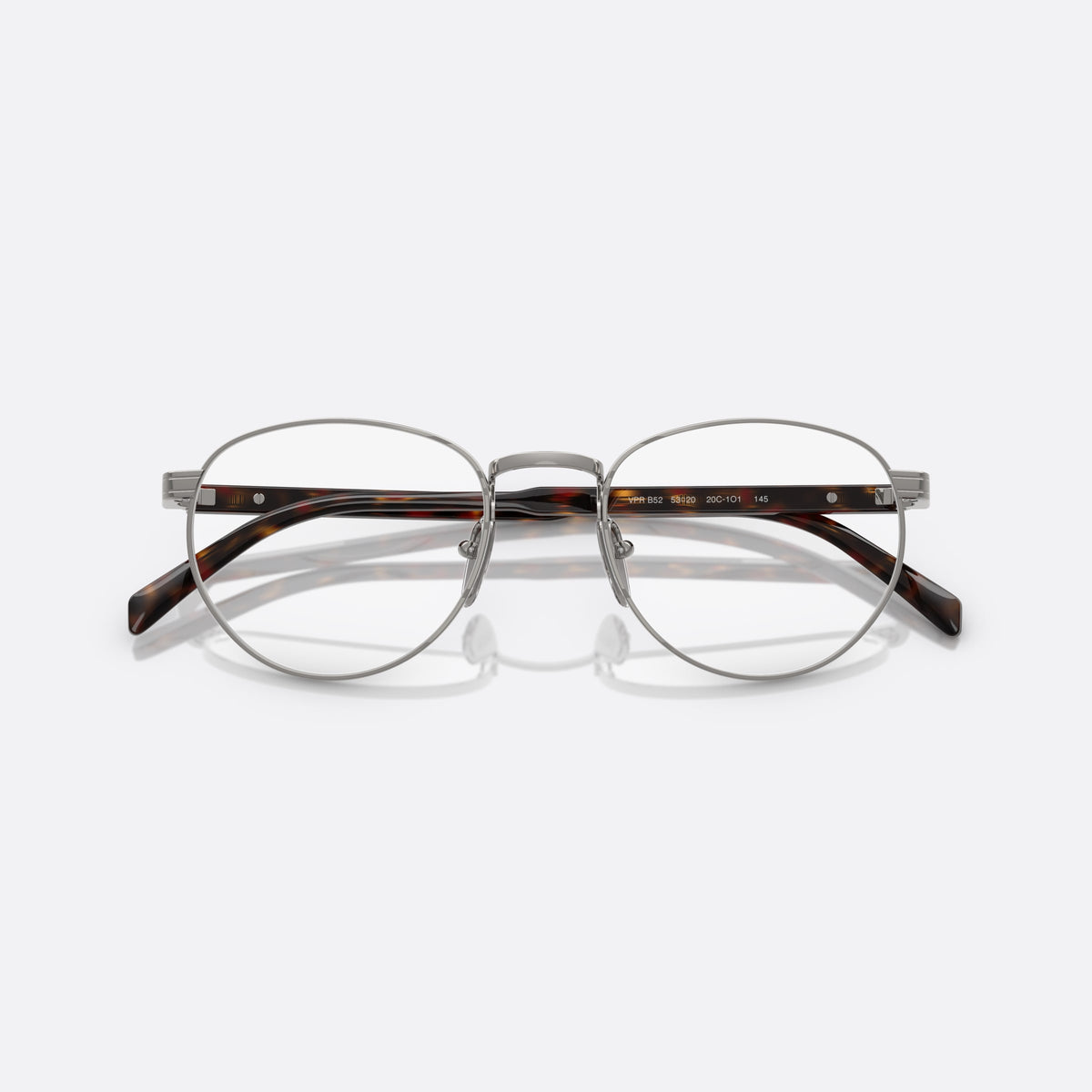 Prada PR B52V 20C1O1 eyeglasses, silver visor frame for men, plain metal bridge, brand lettering on the temples, folded