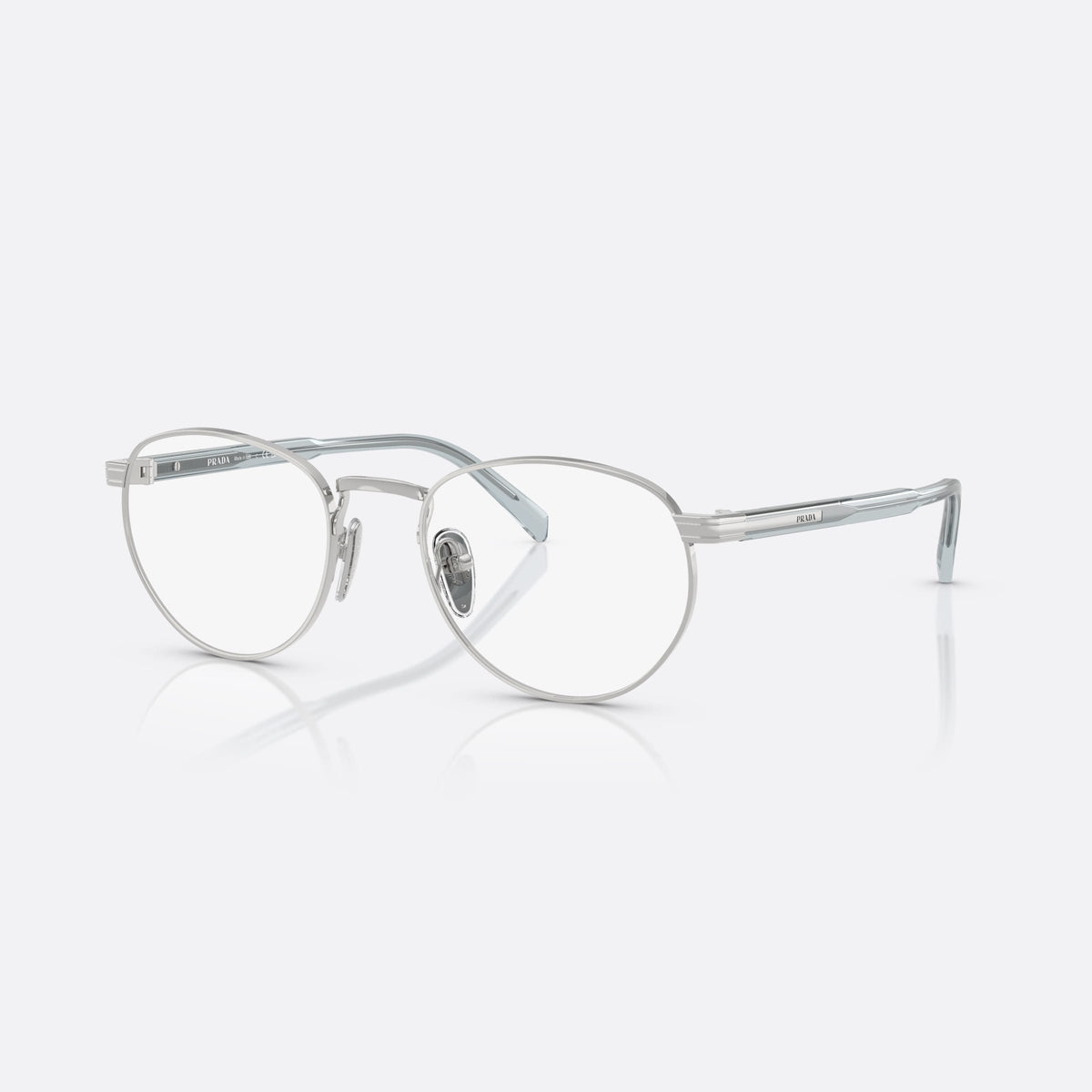 Prada PR B52V 29B1O1 eyeglasses, silver visor frame for men, plain metal bridge, brand lettering on temples