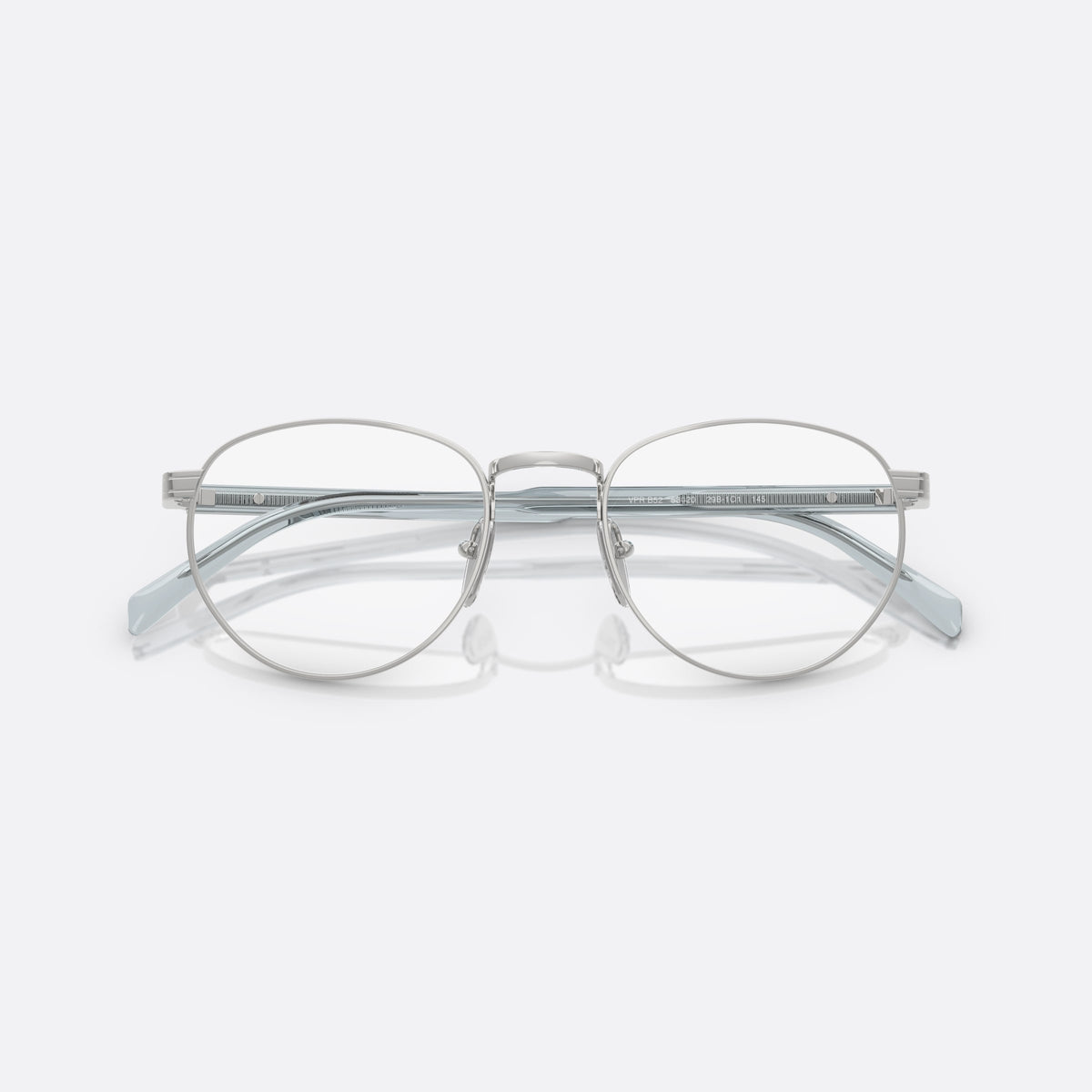 Prada PR B52V 29B1O1 eyeglasses, silver visor frame for men, plain metal bridge, brand lettering on temples, folded
