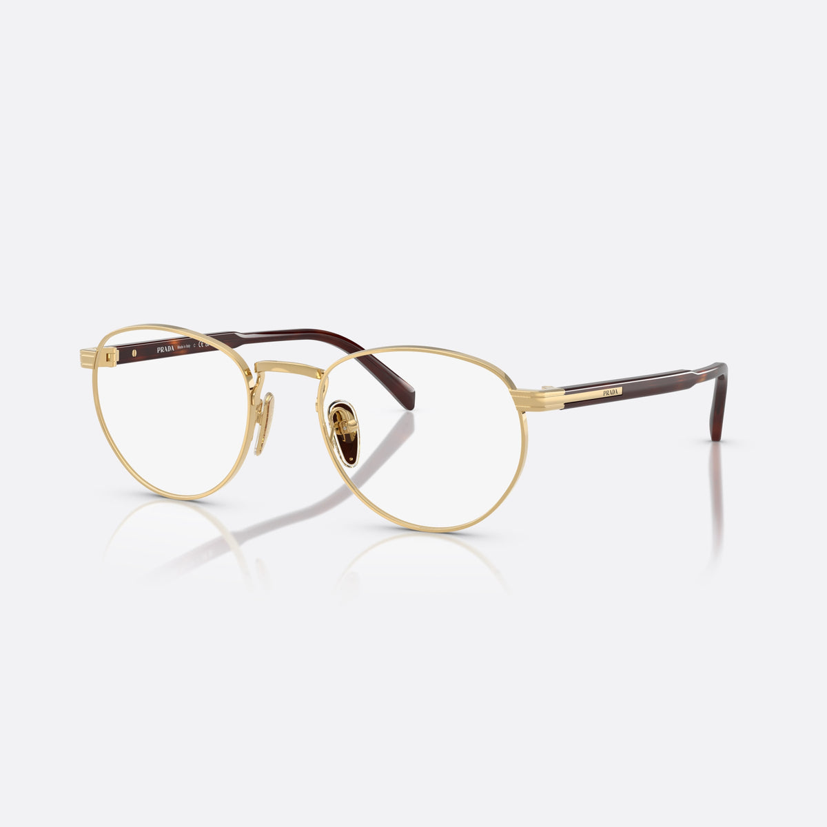 Prada PR B52V 5AK1O1 eyeglasses, gold visor frame for men, plain metal bridge, brand lettering on temples