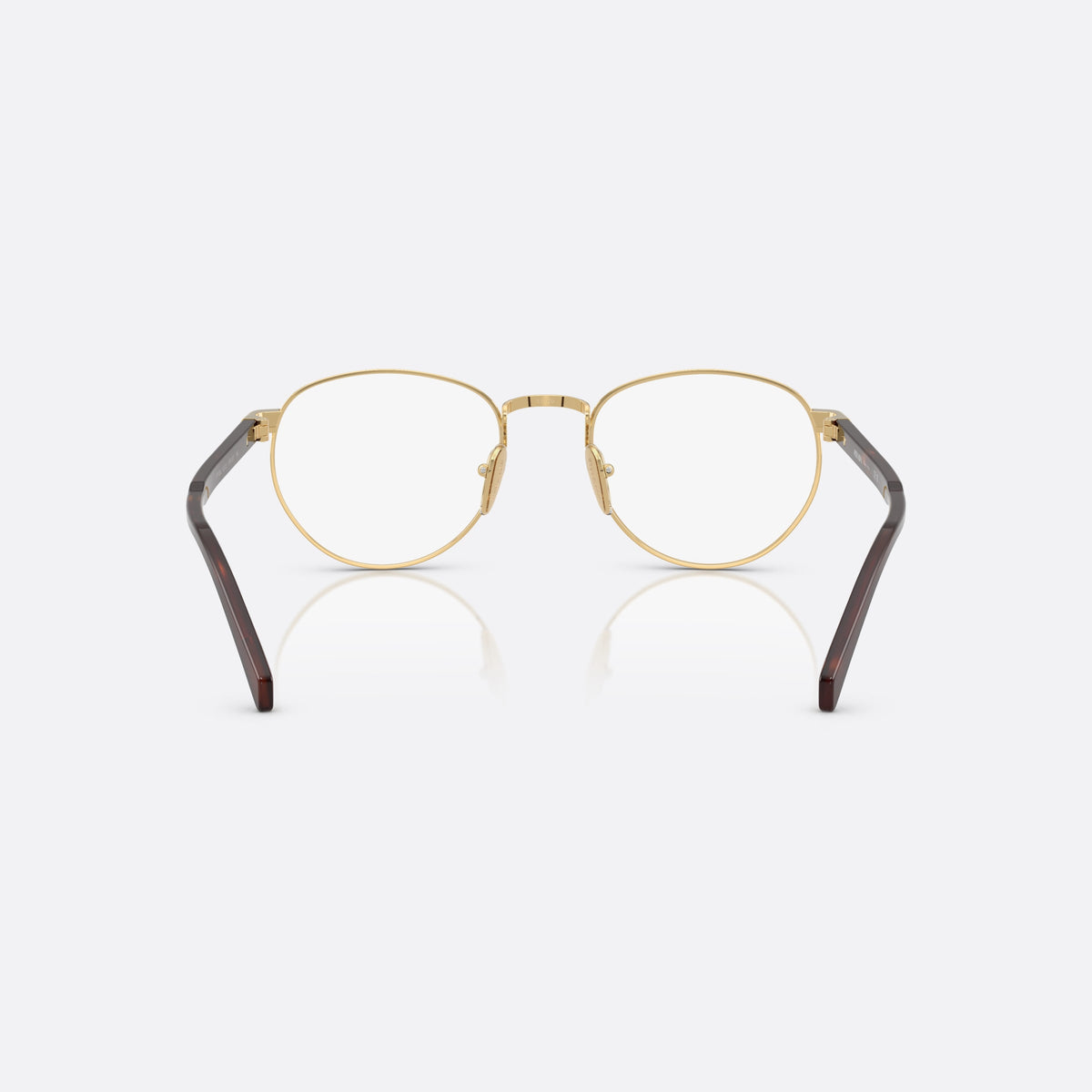 Prada PR B52V 5AK1O1 eyeglasses, gold visor frame for men, plain metal bridge, brand lettering on temples, back view