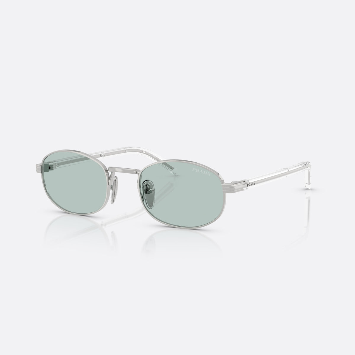 Prada PR B53S 1BC40N sunglasses, silver oval frame for women, plain metal bridge, brand lettering on temples