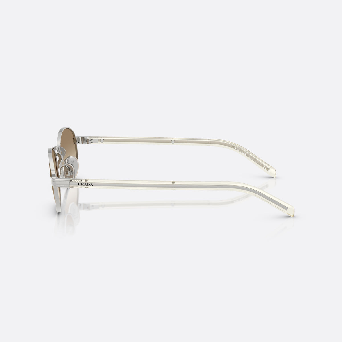Prada PR B53S 1BC80K sunglasses, silver oval frame for women, plain metal bridge, brand lettering on temples, side view