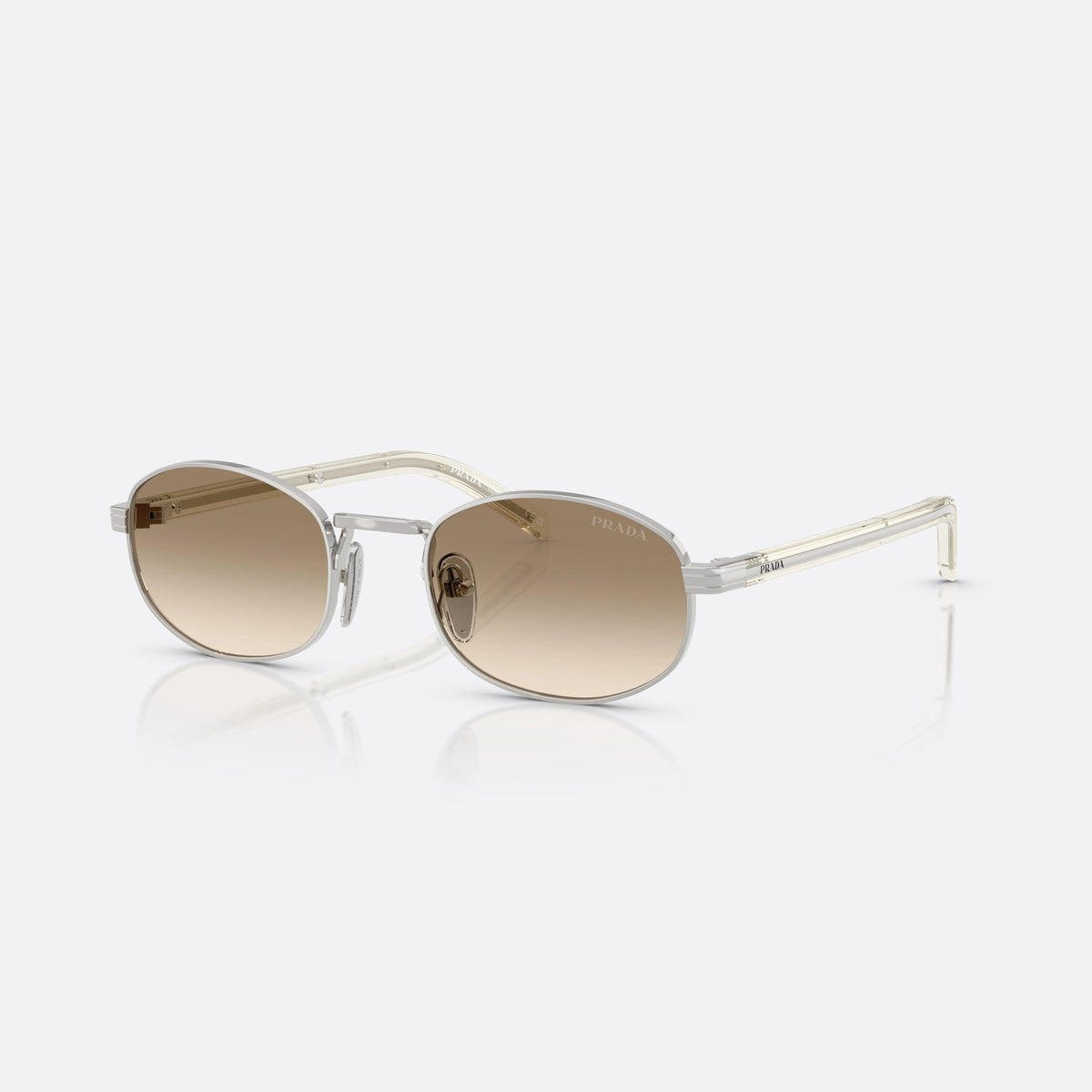 Prada PR B53S 1BC80K sunglasses, silver oval frame for women, plain metal bridge, brand lettering on temples