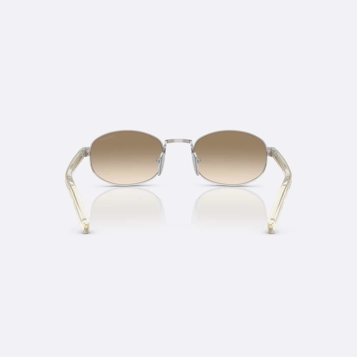 Prada PR B53S 1BC80K sunglasses, silver oval frame for women, plain metal bridge, brand lettering on temples, back view
