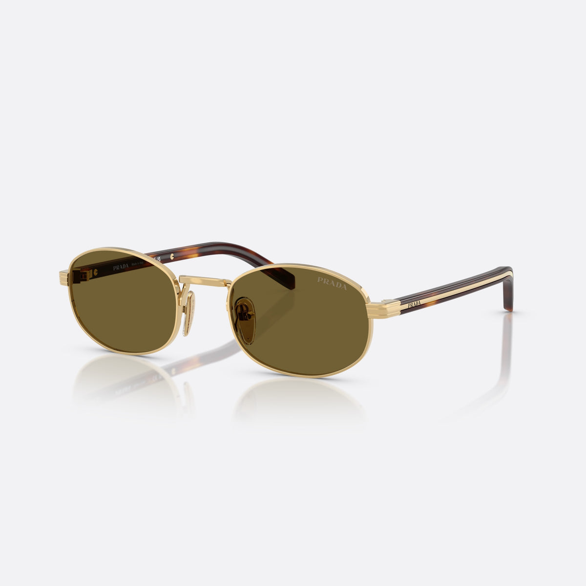 Prada PR B53S 5AK09Z sunglasses, gold oval frame for women, plain metal bridge, brand lettering on temples
