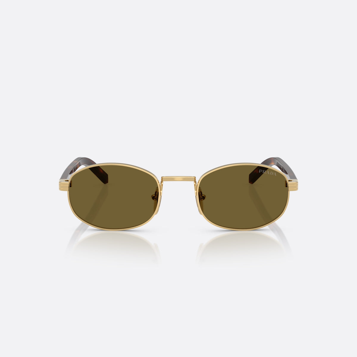Prada PR B53S 5AK09Z sunglasses, gold oval frame for women, plain metal bridge, brand lettering on temples, front view