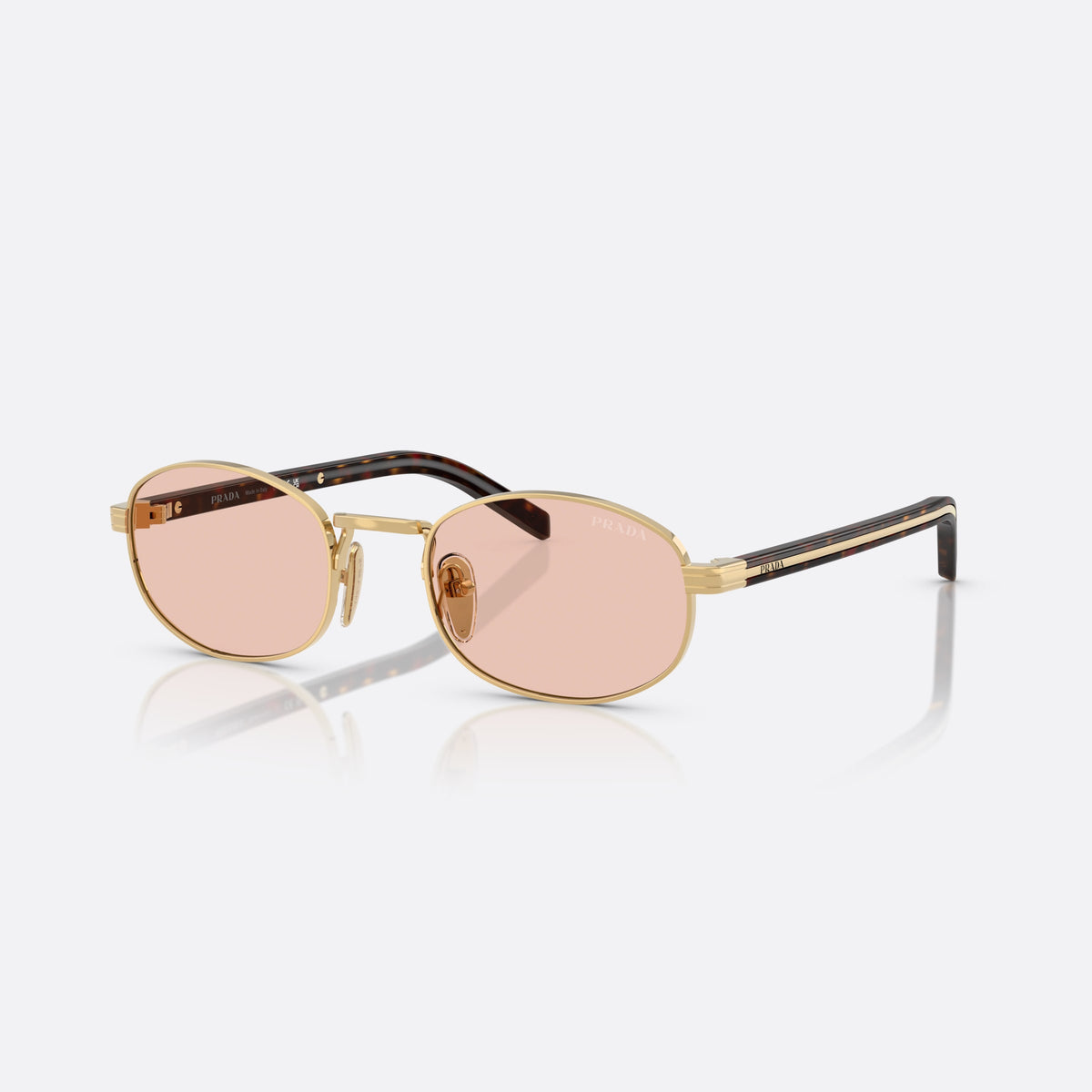 Prada PR B53S 5AK50V sunglasses, gold oval frame for women, plain metal bridge, brand lettering on temples