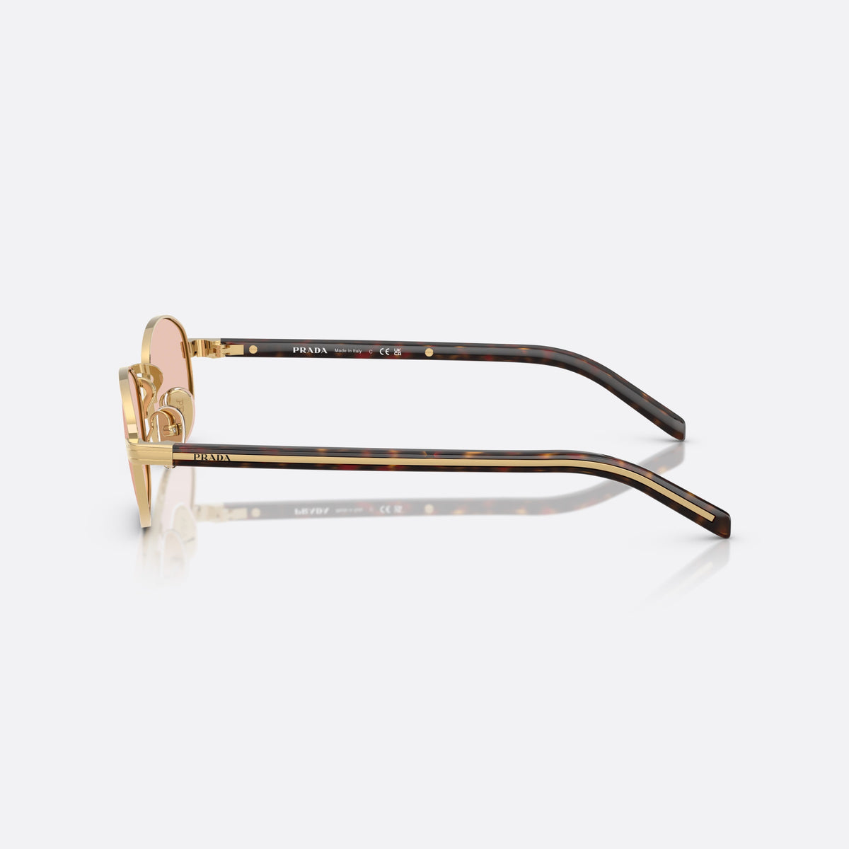 Ochelari de soare Prada PR B53S 5AK50V, ovali auriu, pentru femei, punte metalică simplă, literele brandului pe brațe, vedere laterală