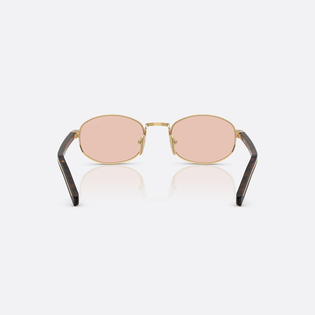 Ochelari de soare Prada PR B53S 5AK50V, ovali auriu, pentru femei, punte metalică simplă, literele brandului pe brațe, vedere din spate