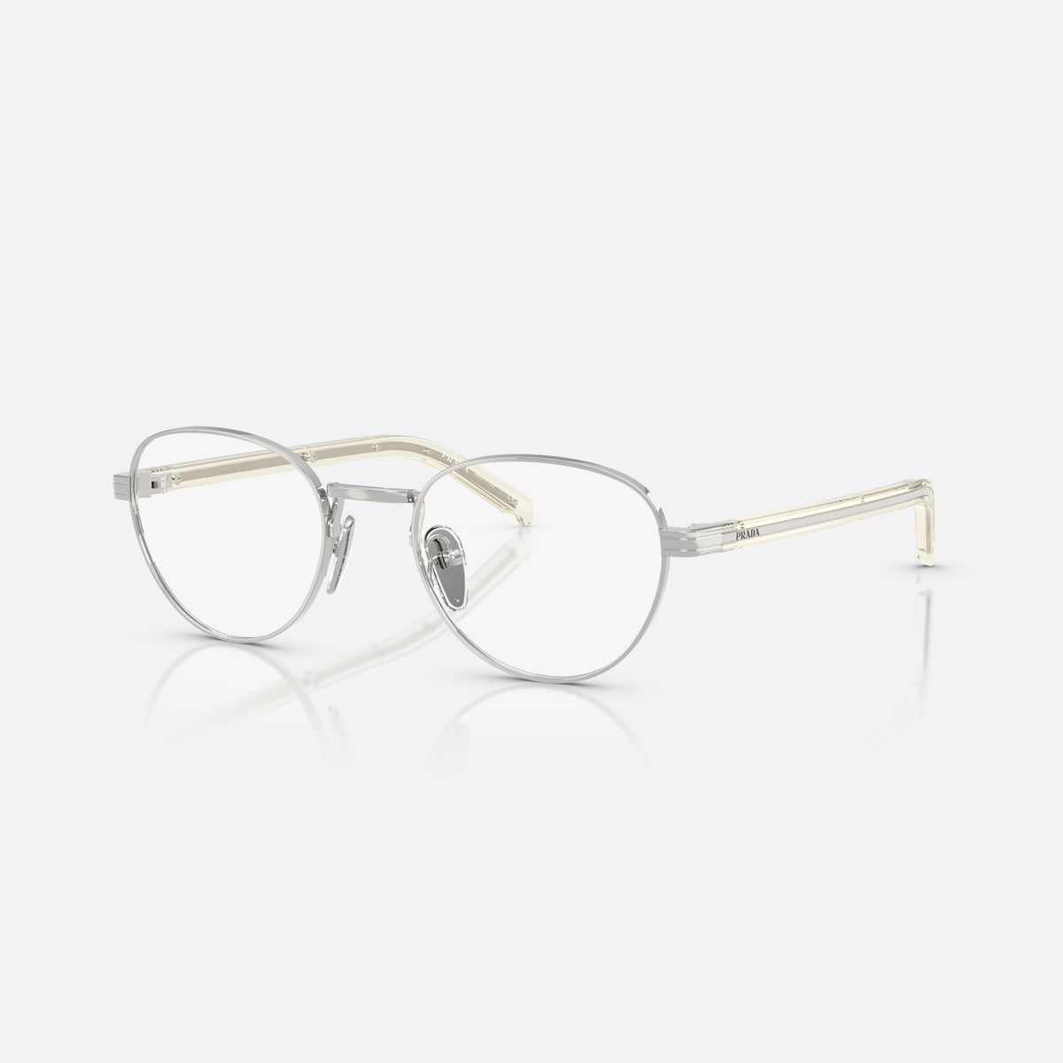 Rame ochelari de vedere Prada PR B53V 1BC1O1, rotunzi argintiu, pentru femei, punte metalică simplă, literele brandului pe brațe