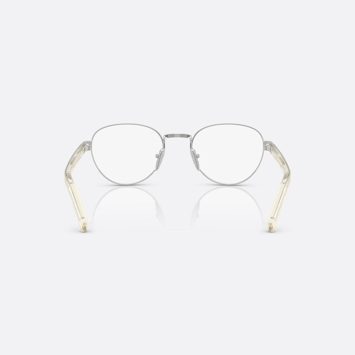 Rame ochelari de vedere Prada PR B53V 1BC1O1, rotunzi argintiu, pentru femei, punte metalică simplă, literele brandului pe brațe, vedere din spate