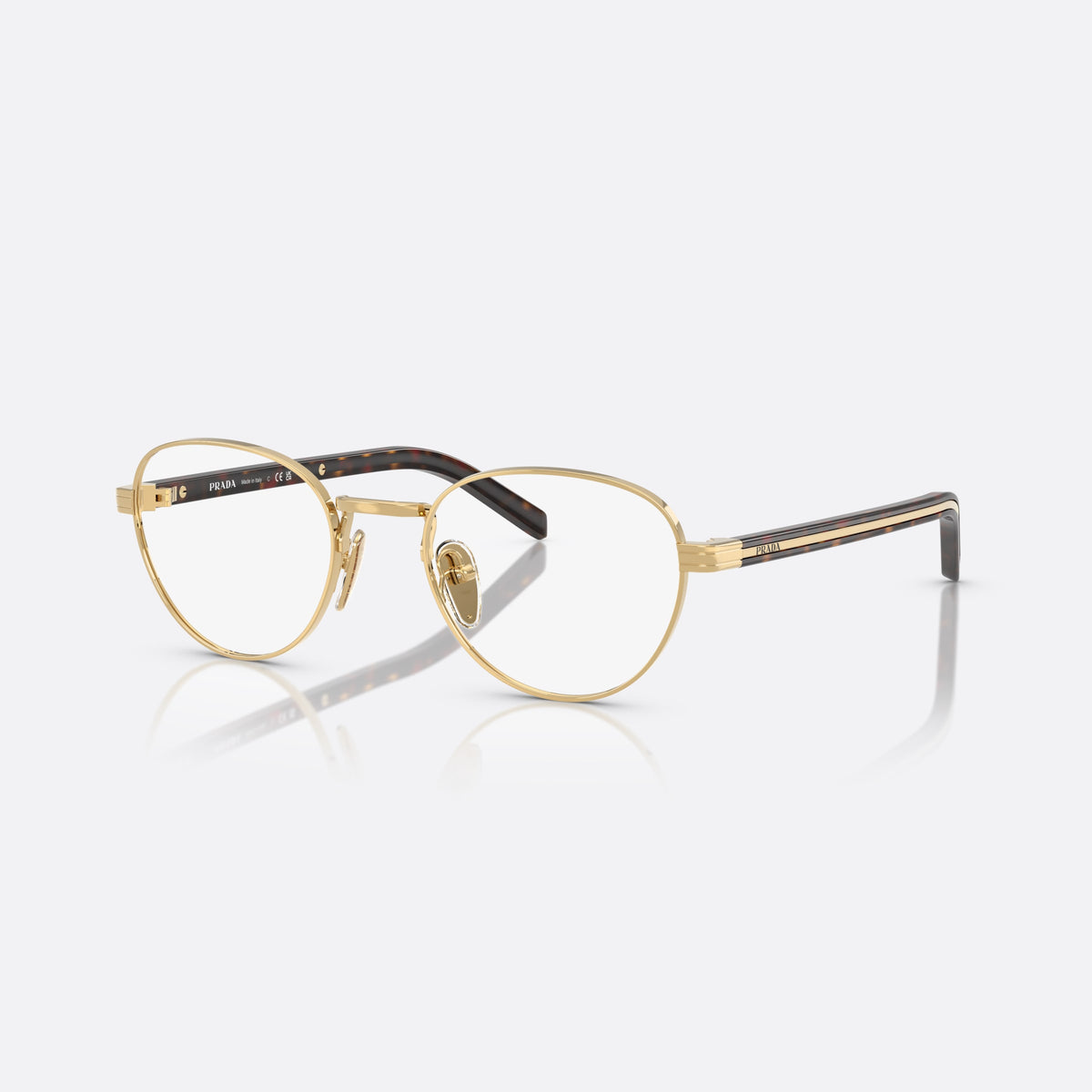 Prada PR B53V 5AK1O1 eyeglasses, gold round frame for women, plain metal bridge, brand lettering on temples