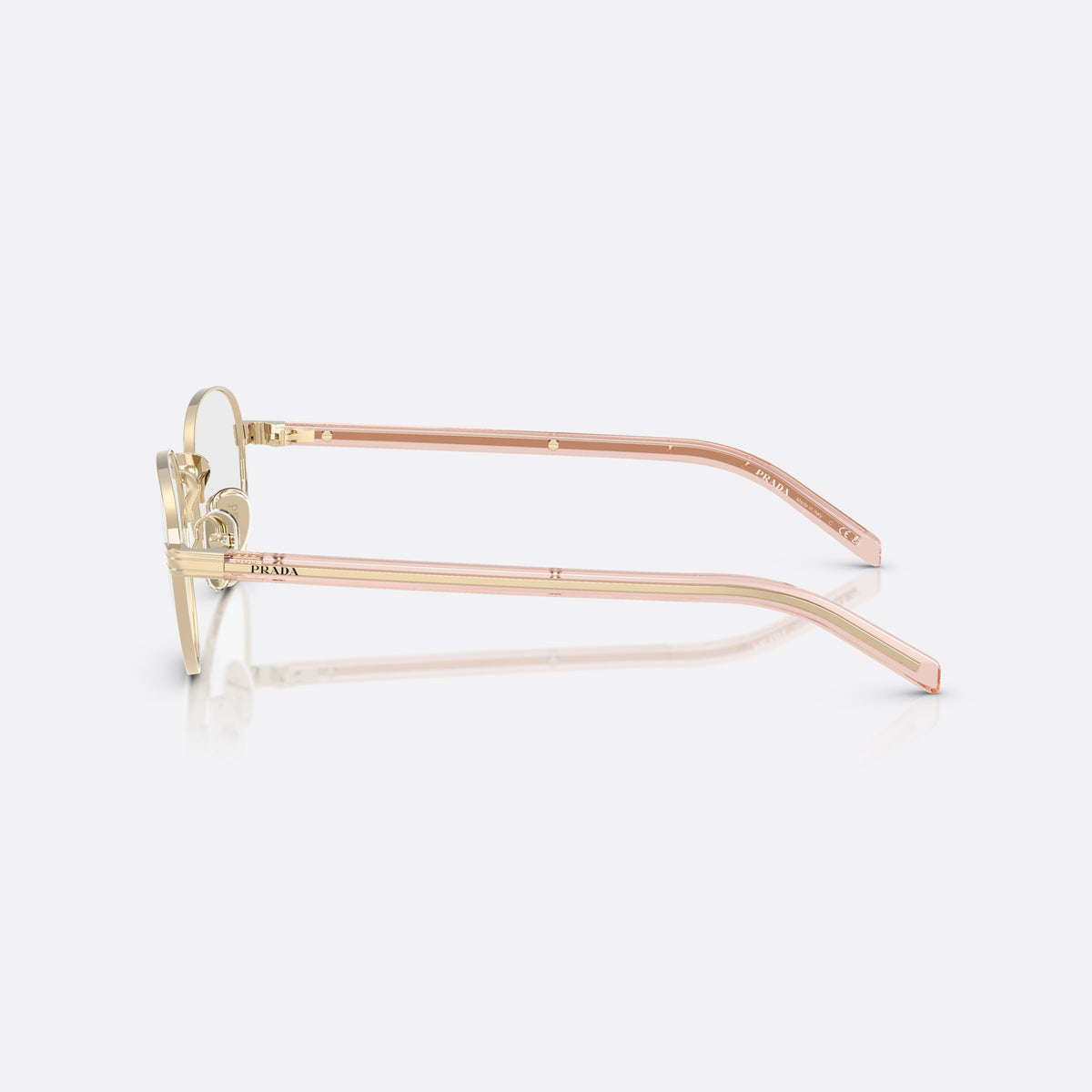 Rame ochelari de vedere Prada PR B53V ACX1O1, rotunzi auriu, pentru femei, punte metalică simplă, literele brandului pe brațe, vedere laterală