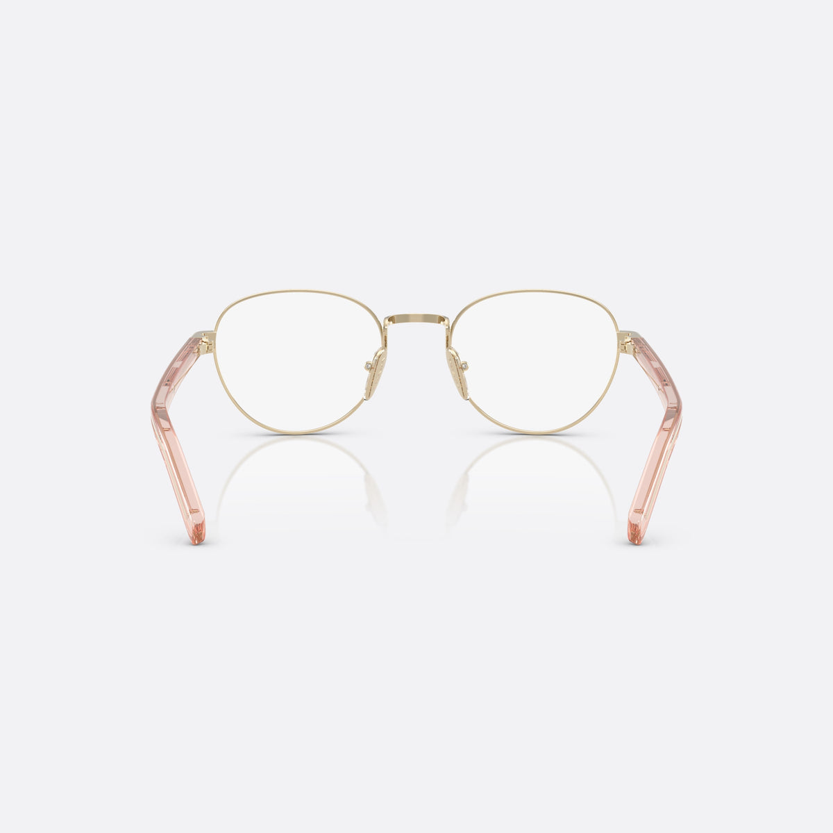 Prada PR B53V ACX1O1 eyeglasses, gold round frame for women, metal saddle bridge, brand lettering on temples, back view