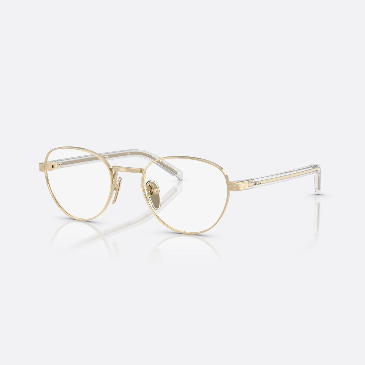 Prada PR B53V ZVN1O1 eyeglasses, gold round frame for women, plain metal bridge, brand lettering on the temples