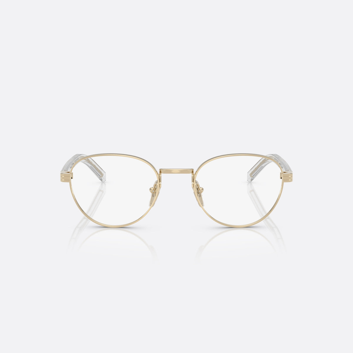 Prada PR B53V ZVN1O1 eyeglasses, gold round frame for women, plain metal bridge, brand lettering on the temples, front view