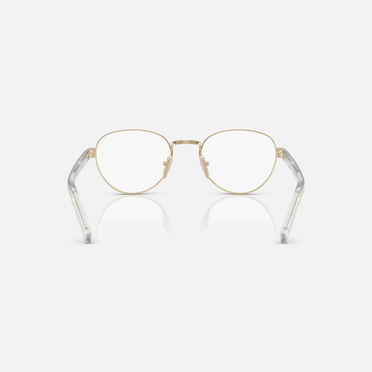 Prada PR B53V ZVN1O1 eyeglasses, gold round frame for women, plain metal bridge, brand lettering on the temples, back view