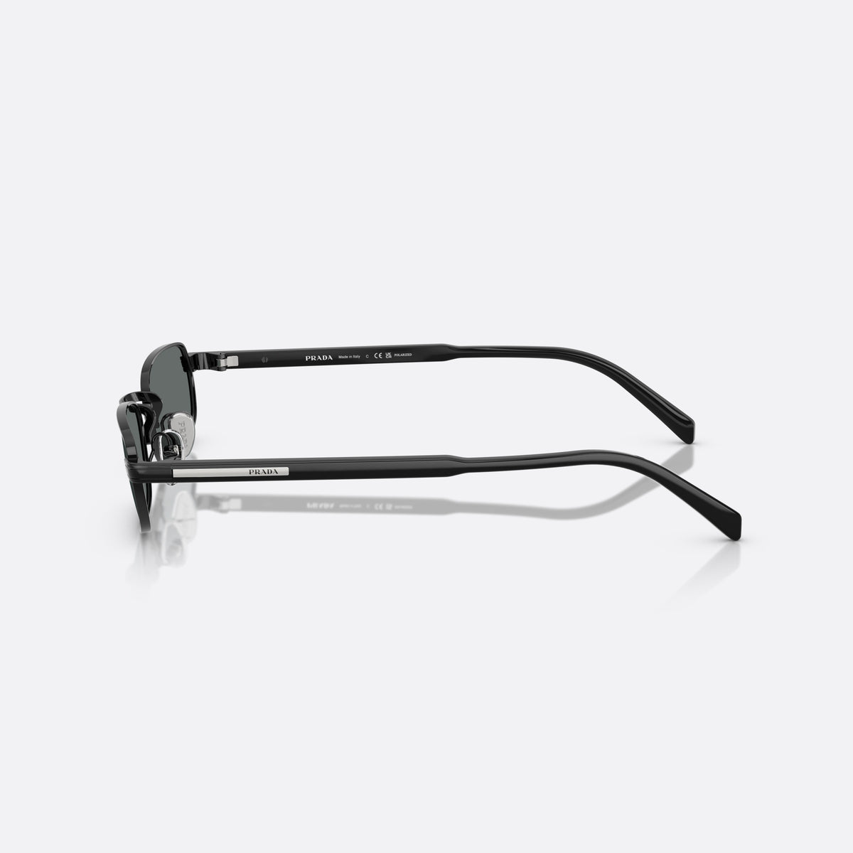 Prada PR B54S 1AB5Z1 sunglasses, black rectangle frame for men, plain metal bridge, brand lettering on temples, side view